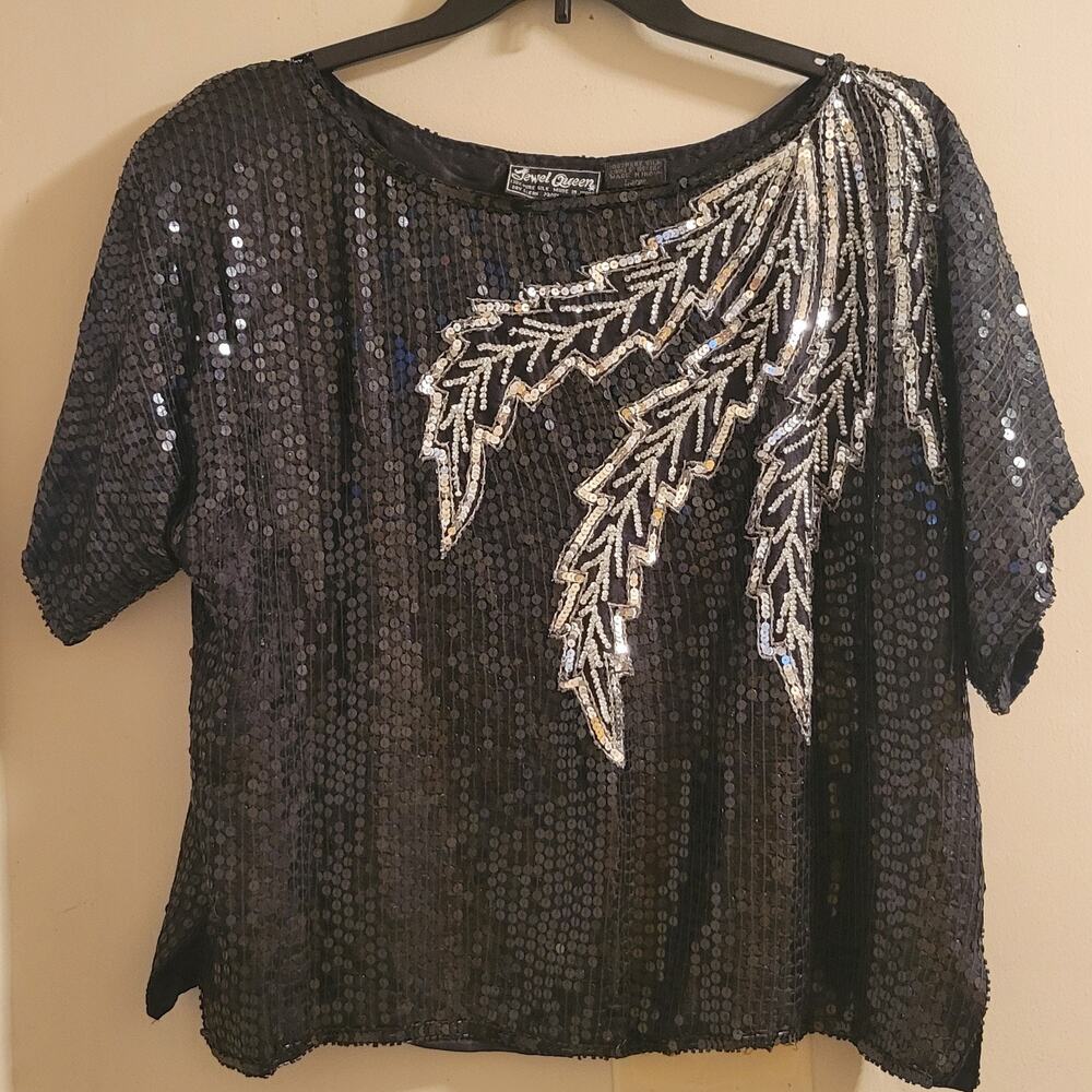 Vintage Jewel Queen Top Black & Silver 100% Silk Sequin & Beads Glam Disco Size